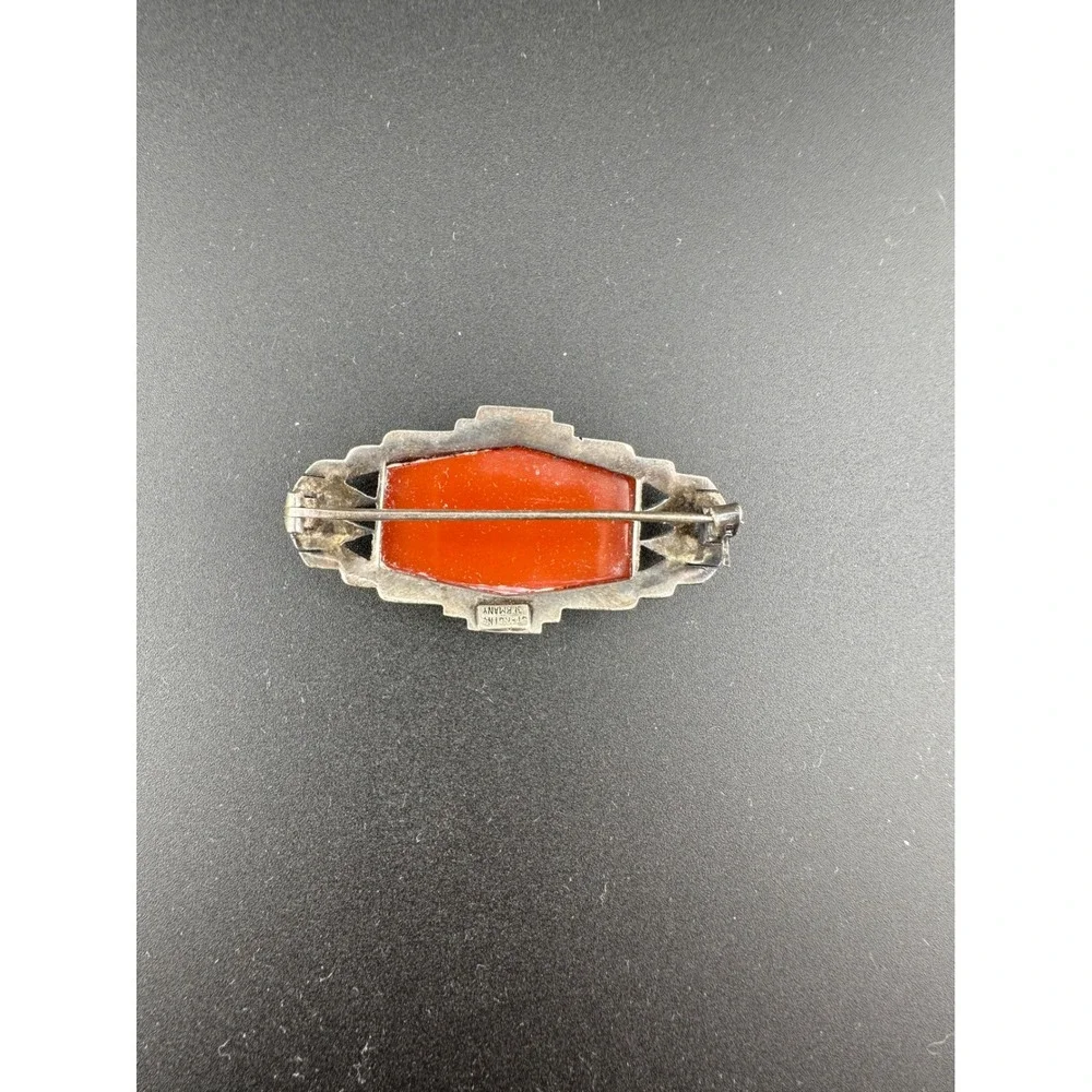 Vintage Art Deco 1920s Carnelian Sterling Silver Marcasite Brooch Pin Germany